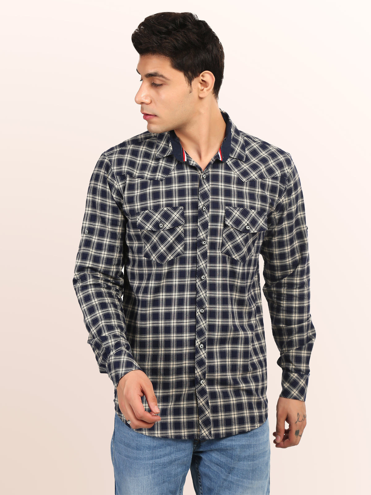 Men’s Navy Cream Button Shirt Online