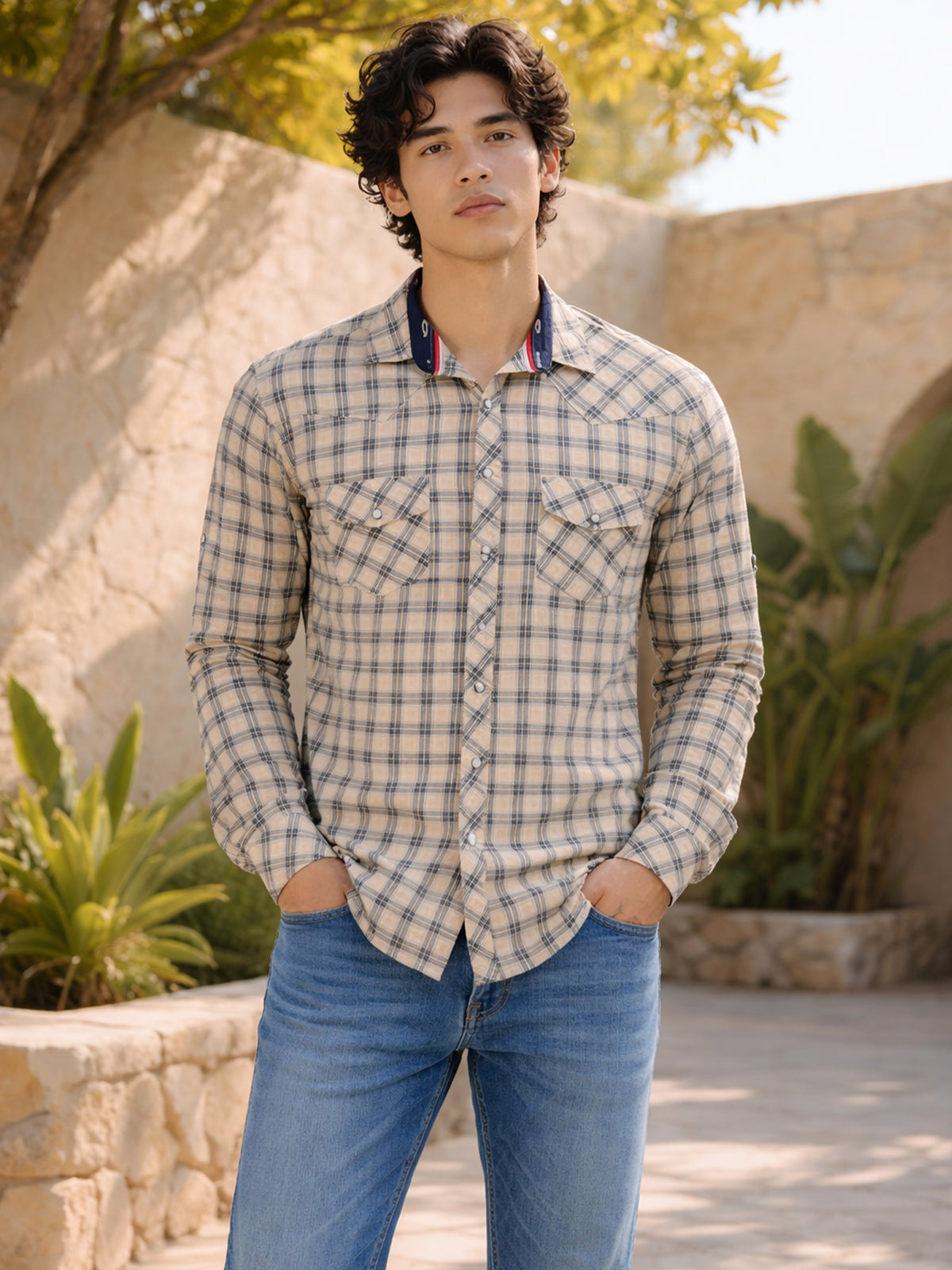 Men’s Navy Cream Button Shirt Online